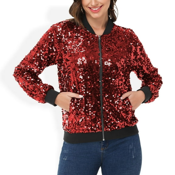 Women's Sequin Jacket Sparkle Long Sleeve Front Zip Casual Blazer Bomber Jacket With Pockets- XX Large, Burgundy