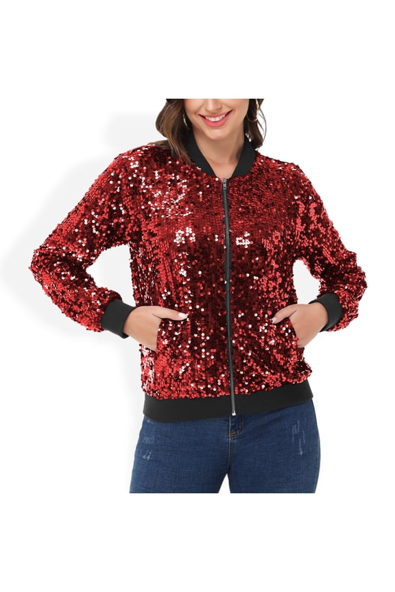 Women's Sequin Jacket Sparkle Long Sleeve Front Zip Casual Blazer Bomber Jacket With Pockets- XX Large, Burgundy