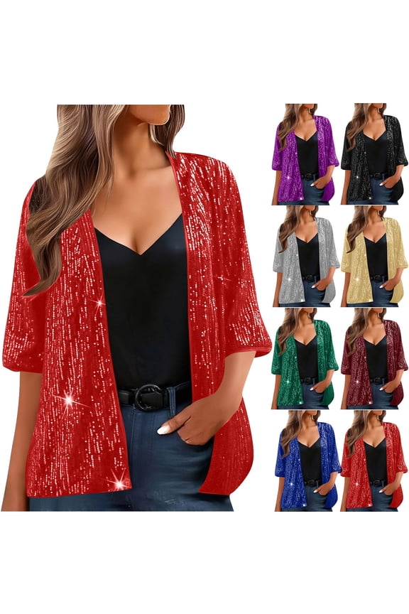 Women's Sequin Jacket Three Quarter Sleeve Blazer Top for Casual Party Night Out Vacation Travel Fashion Essential Gift for Ladies | CSEONE,Blue L