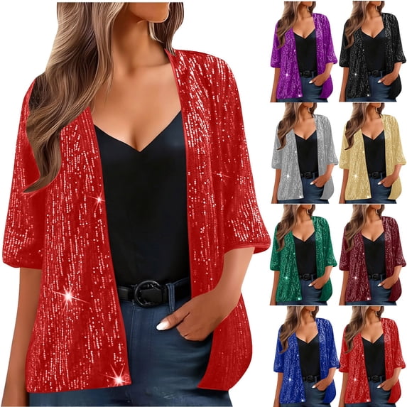 Women's Sequin Jacket Three Quarter Sleeve Blazer Top for Casual Party Night Out Vacation Travel Fashion Essential Gift for Ladies | CSEONE,Blue L