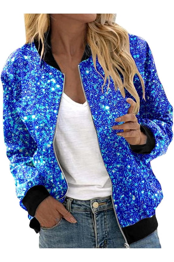 Women's Sequin Jacket with Zip Glitter Bomber Jacket Bolero Elegant Jackets Festive Disco Costume Long Sleeve Casual Sequin Jacket Slim Fit Winter Streetwear Top Glitter Top for Rave Party