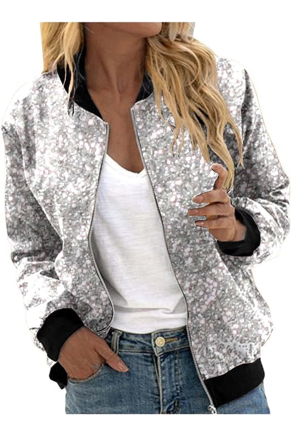 Women's Sequin Jacket with Zip Glitter Bomber Jacket Bolero Elegant Jackets Festive Disco Costume Long Sleeve Casual Sequin Jacket Slim Fit Winter Streetwear Top Glitter Top for Rave Party