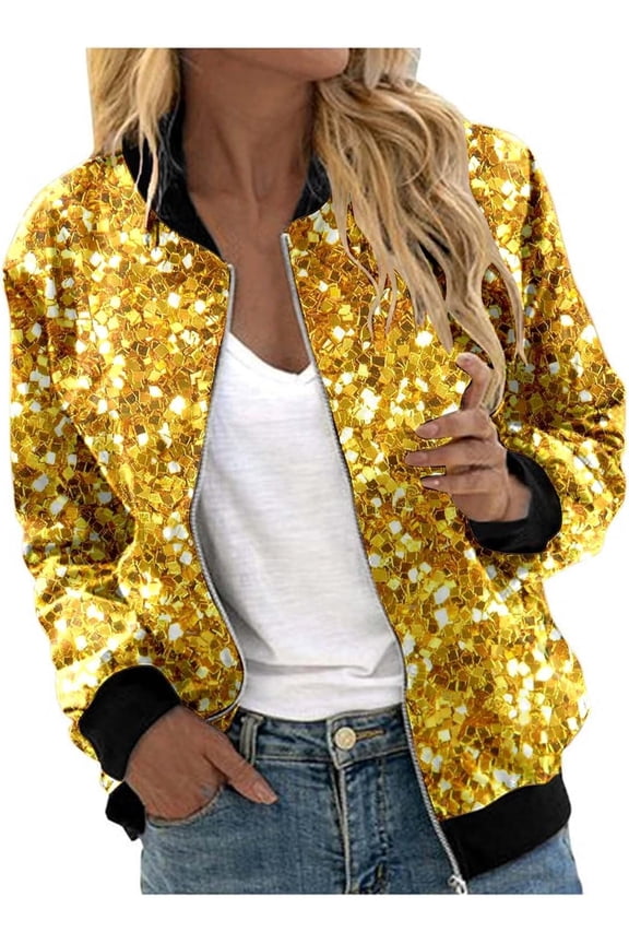 Women's Sequin Jacket with Zip Glitter Bomber Jacket Bolero Elegant Jackets Festive Disco Costume Long Sleeve Casual Sequin Jacket Slim Fit Winter Streetwear Top Glitter Top for Rave Party