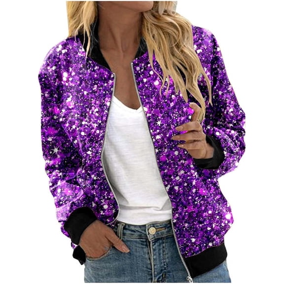 Women's Sequin Jacket with Zip Glitter Bomber Jacket Bolero Elegant Jackets Festive Disco Costume Long Sleeve Casual Sequin Jacket Slim Fit Winter Streetwear Top Glitter Top for Rave Party