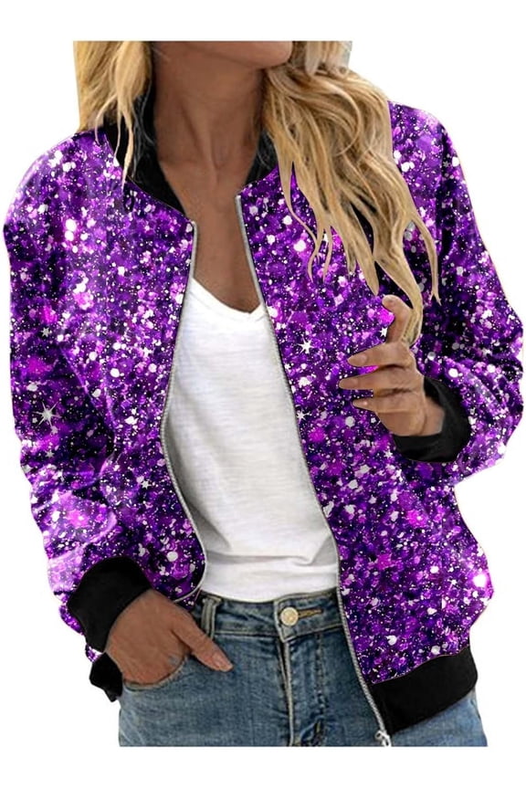 Women's Sequin Jacket with Zip Glitter Bomber Jacket Bolero Elegant Jackets Festive Disco Costume Long Sleeve Casual Sequin Jacket Slim Fit Winter Streetwear Top Glitter Top for Rave Party