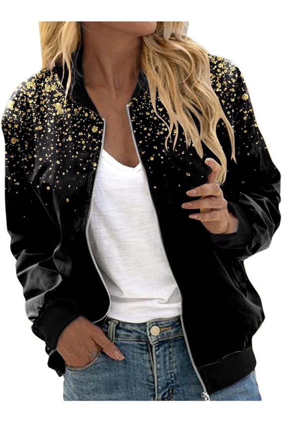 Women's Sequin Jacket with Zip Glitter Bomber Jacket Bolero Elegant Jackets Festive Disco Costume Long Sleeve Casual Sequin Jacket Slim Fit Winter Streetwear Top Glitter Top for Rave Party