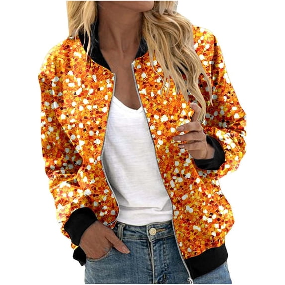 Women's Sequin Jacket with Zip Glitter Bomber Jacket Bolero Elegant Jackets Festive Disco Costume Long Sleeve Casual Sequin Jacket Slim Fit Winter Streetwear Top Glitter Top for Rave Party