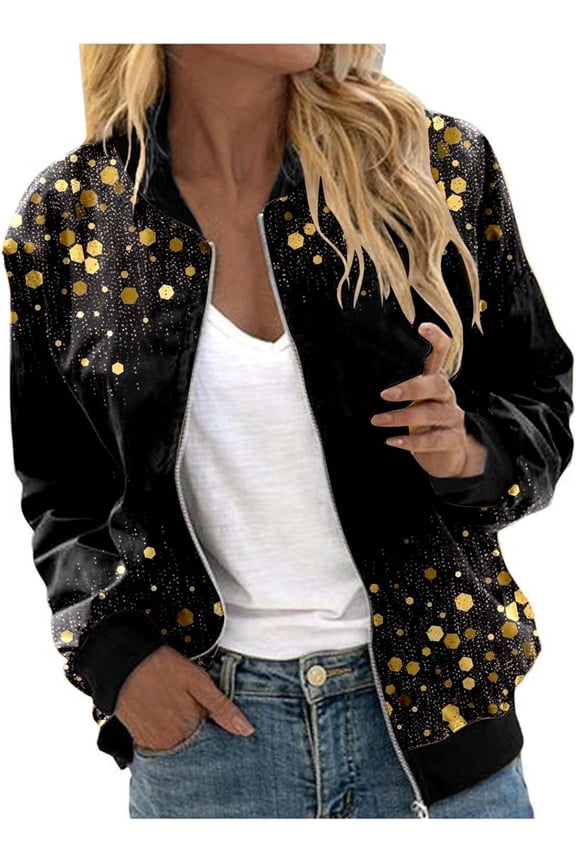 Women's Sequin Jacket with Zip Glitter Bomber Jacket Bolero Elegant Jackets Festive Disco Costume Long Sleeve Casual Sequin Jacket Slim Fit Winter Streetwear Top Glitter Top for Rave Party