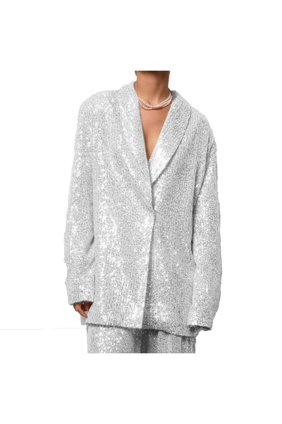 Women's Sequin Jackets Lapel V Neck Long Sleeve Sparkly Glitter Blazer Casual Stylish Loose Suit Outwear (L, Silver)
