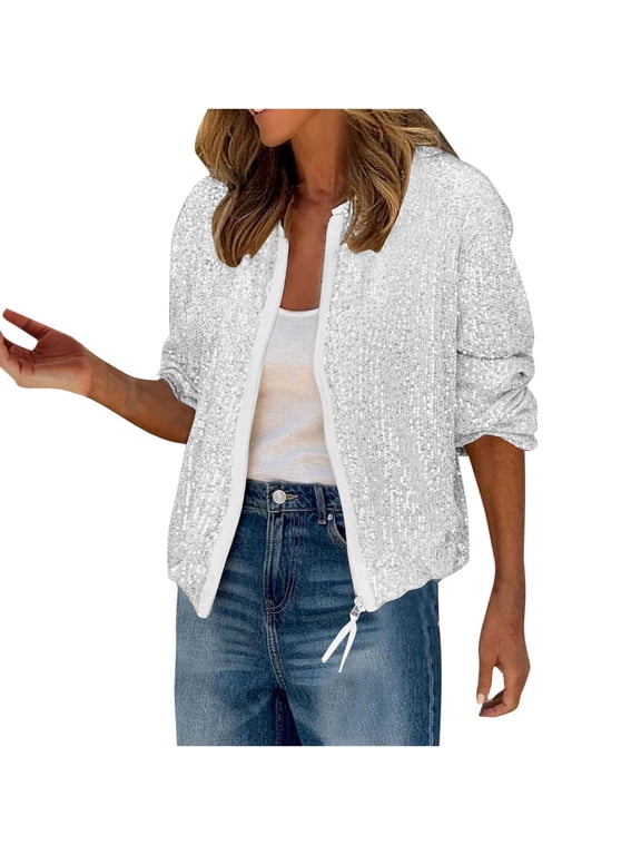 Women's Sequin Jackets Long Sleeve Crew Neck Zip Glitter Blazer Cocktail Party Club Sparkly Bomber Jacket