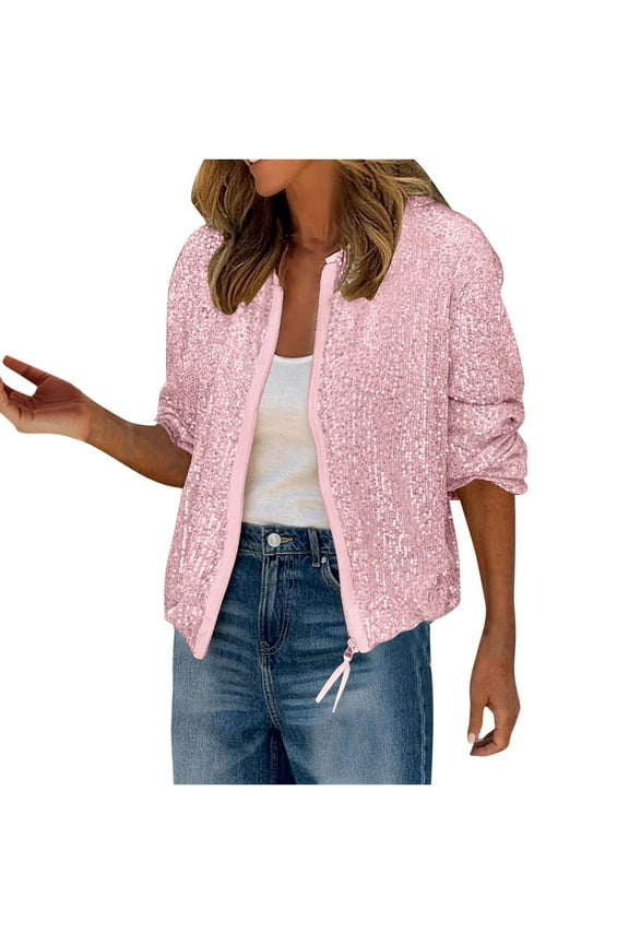 Women's Sequin Jackets Long Sleeve Crew Neck Zip Glitter Blazer Cocktail Party Club Sparkly Bomber Jacket