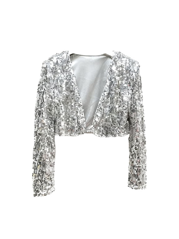 Women's Sequin Jackets Long Sleeve Open Front Cardigans Glitter Blazer Party Sparkly Cropped Coat Tops (M, Silver)