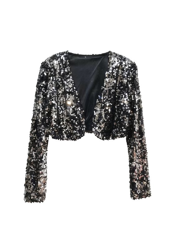 Women's Sequin Jackets Long Sleeve Open Front Cardigans Glitter Blazer Party Sparkly Cropped Coat Tops (S, Black)