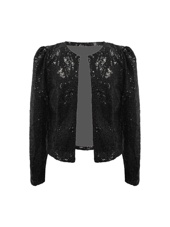 Women's Sequin Jackets Long Sleeve Open Front Party Sparkly Cropped Cardigan Coat Casual Shrugs Sparkly Shiny Jackets
