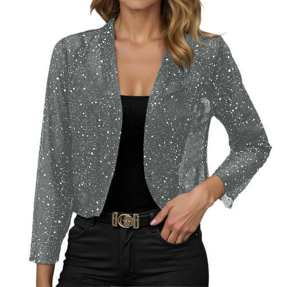 Women's Sequin Jackets Long Sleeve Open Front Solid Cardigan Coat Lightweight Fall Fashion Party Casual Classic Blazer Grey M
