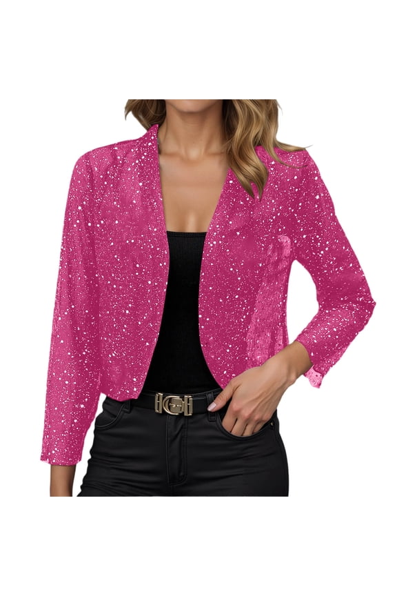 Women's Sequin Jackets Long Sleeve Open Front Solid Cardigan Coat Lightweight Fall Fashion Party Casual Classic Blazer Hot Pink XXL