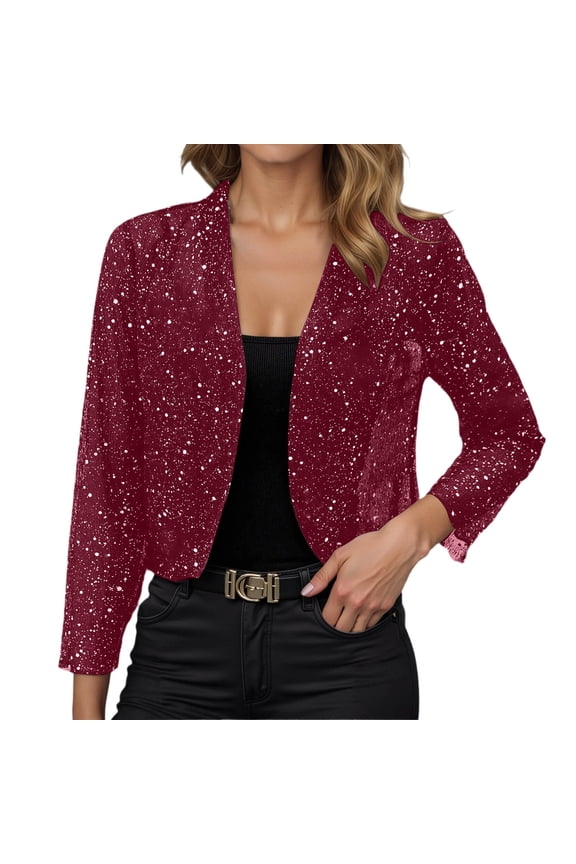 Women's Sequin Jackets Long Sleeve Open Front Solid Cardigan Coat Lightweight Fall Fashion Party Casual Classic Blazer XXL