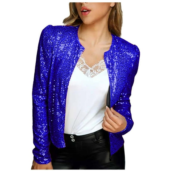 Women's Sequin Jackets Open Front Blazer Jacket Casual Long Sleeve Sparkly Cardigan Coat with Pocket Party Suit Jacket