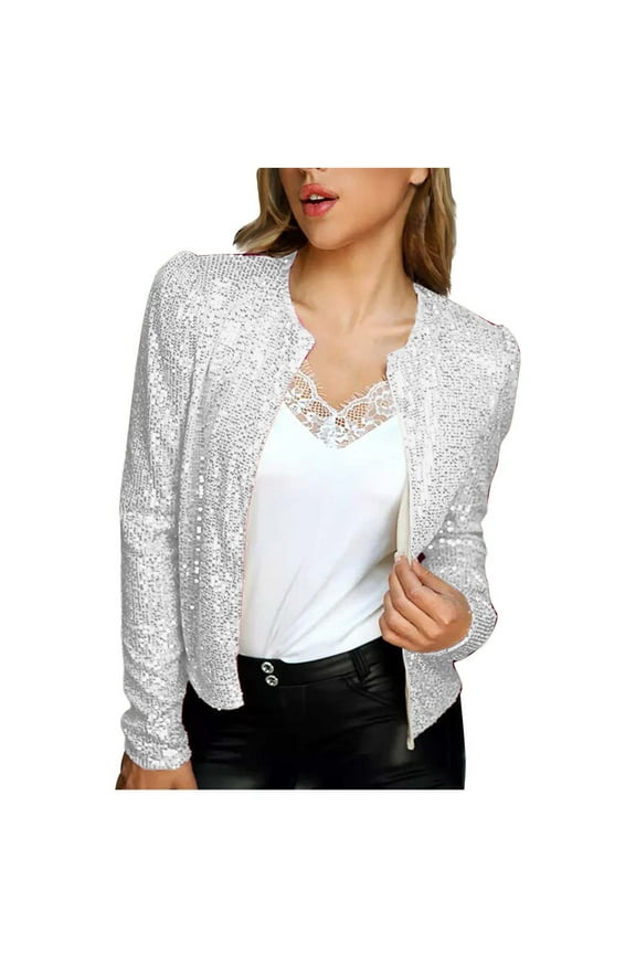 Women's Sequin Jackets Open Front Blazer Jacket Casual Long Sleeve Sparkly Cardigan Coat with Pocket Party Suit Jacket
