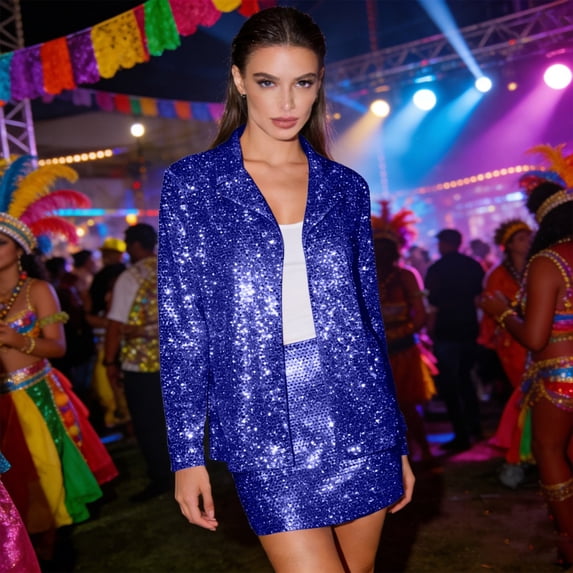 Women's Sequin Jackets Open Front BlazerSparkly Cardigan Coat & Skirt 2 Pcs Set (Blue XS)