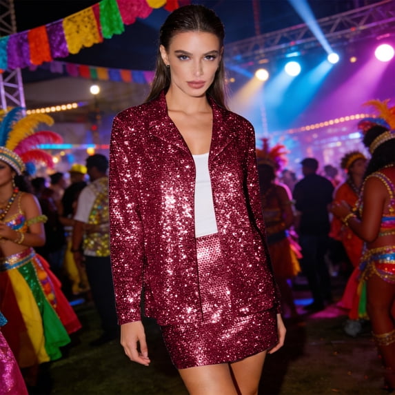 Women's Sequin Jackets Open Front BlazerSparkly Cardigan Coat & Skirt 2 Pcs Set (Red M)