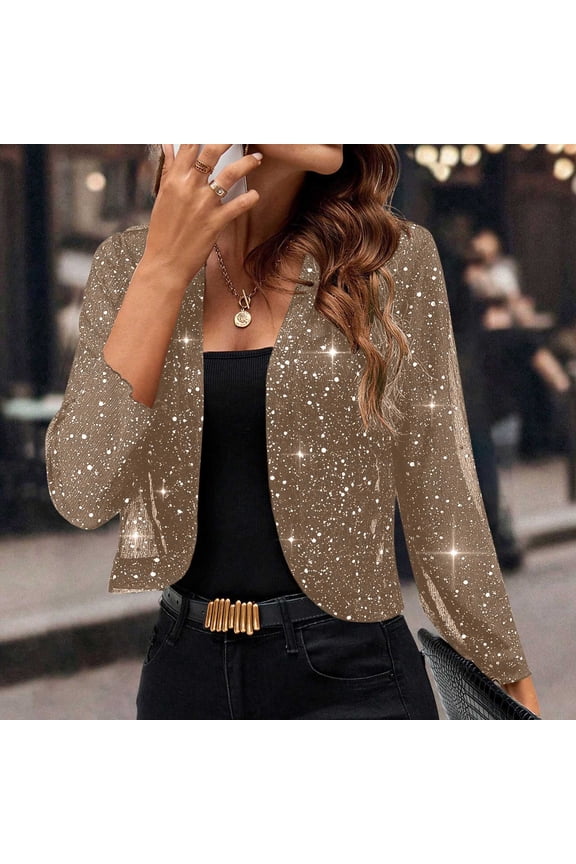 Women's Sequin Jackets Open Front Thin Breathable Blazer Jacket Casual Long Sleeve Cardigan Coat Jacket with Pocket