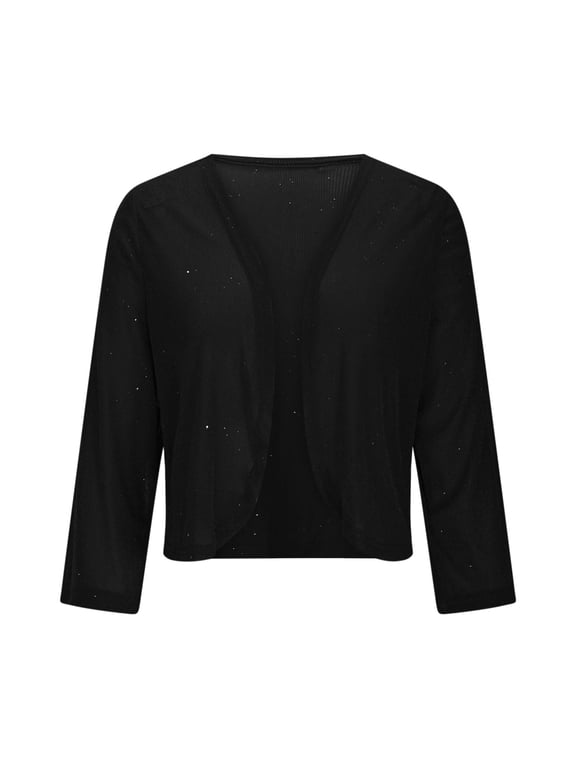 Women's Sequin Knit Cardigan, Metallic Sparkle Open Front Jacket, Lightweight Long Sleeve Cover Up, Shimmering Thin Cover Cardigan, Casual Evening Wear Top Black XXL