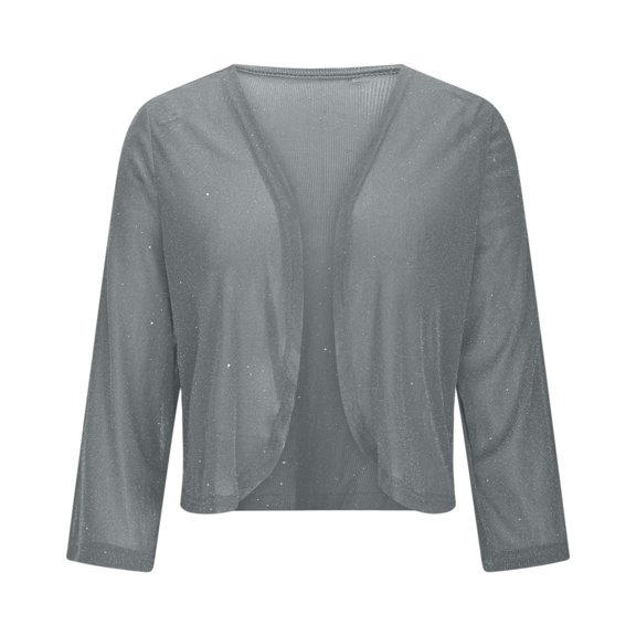 Women's Sequin Knit Cardigan, Metallic Sparkle Open Front Jacket, Lightweight Long Sleeve Cover Up, Shimmering Thin Cover Cardigan, Casual Evening Wear Top Grey S