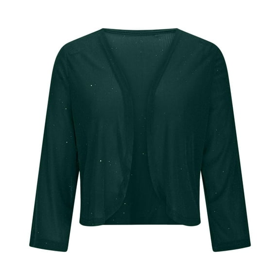 Women's Sequin Knit Cardigan, Metallic Sparkle Open Front Jacket, Lightweight Long Sleeve Cover Up, Shimmering Thin Cover Cardigan, Casual Evening Wear Top Green L