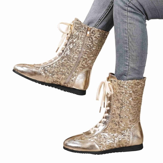 Women's Sequin Lace-Up Boots, Flat Boots with Side Zipper, Fashionable Mid-Calf Party Boots