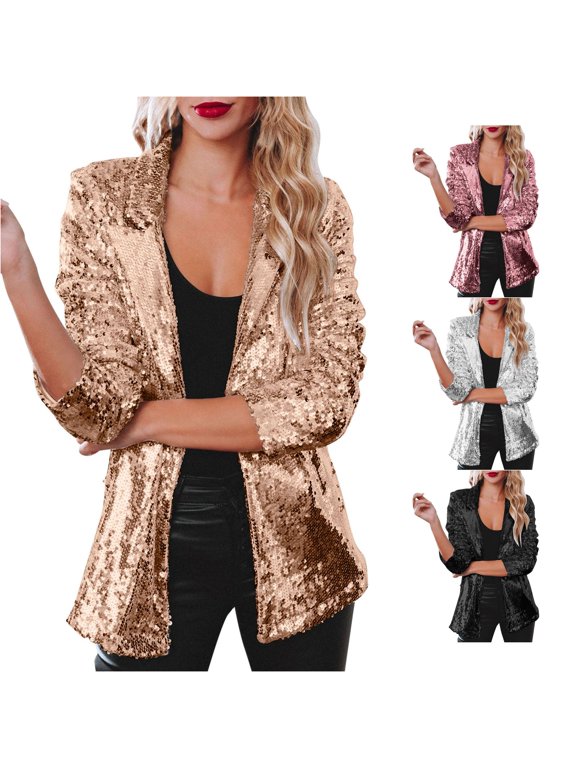 Women's Sequin Lapel Blazer - Sparkly Long Sleeve Party Coat with Notched Collar for Club Rave