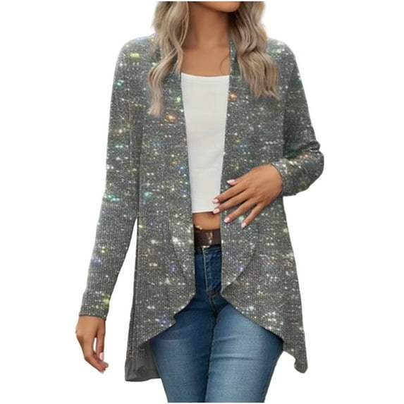 Women's Sequin Long Sleeve Blazer Open Front Irregular Hem Sparkle Jacket Glitter Coat Evening Party Clothes