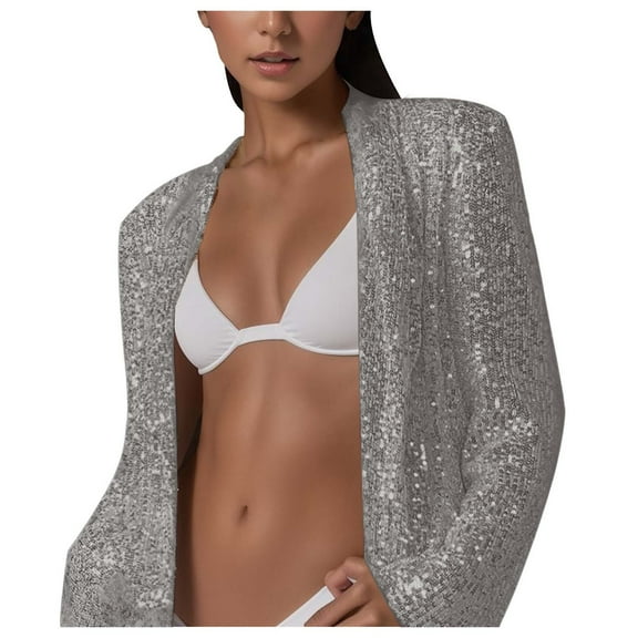 Women's Sequin Long Sleeve Lapel Jacket Elegant Mid Length Suit Coat for Party Formal Wear