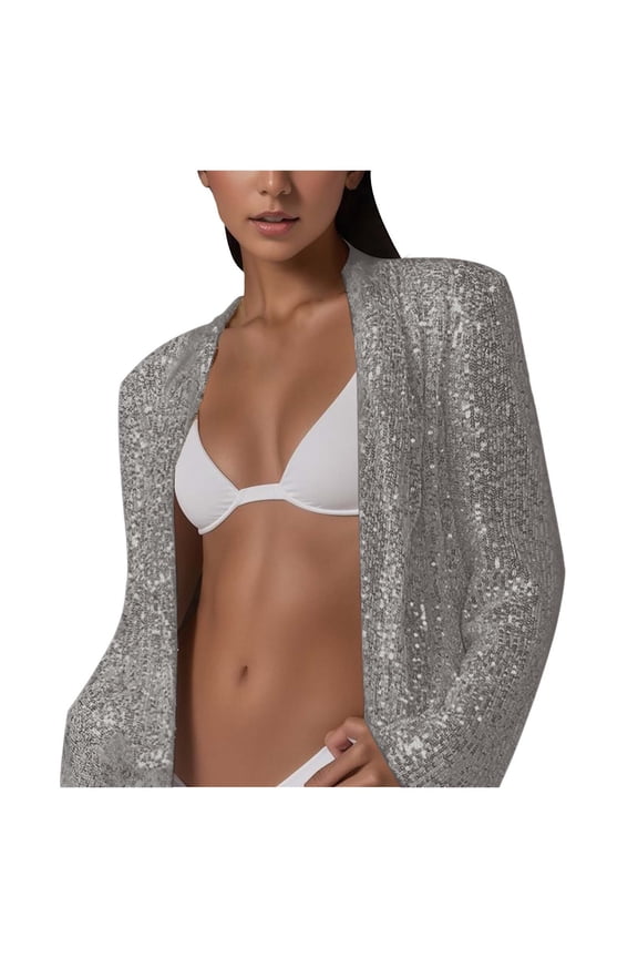 Women's Sequin Long Sleeve Lapel Jacket Elegant Mid Length Suit Coat for Party Formal Wear