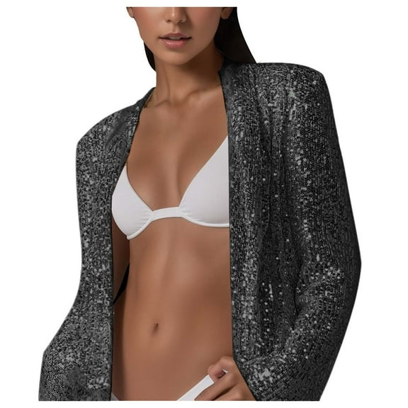 Women's Sequin Long Sleeve Lapel Jacket Elegant Mid Length Suit Coat for Party Formal Wear