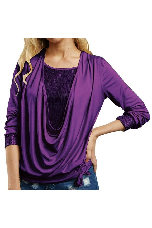 Women's Sequin Long Sleeve Smocked Blouse and Camisole Two Piece Set Loose Fit T-Shirt Oversized T-shirts Short Sleeve Crewneck Casual Tops