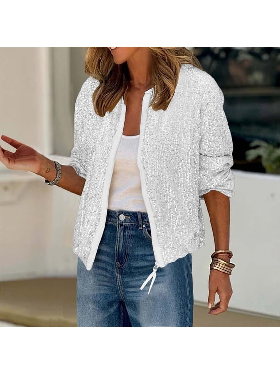 Women's Sequin Long Sleeve Sparkly Glitter Jacket Fashion Party Outerwear White M