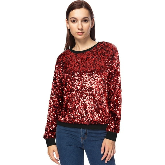 Women's Sequin Long Sleeve Sparkly Pullover Sweatshirt- Large, Burgundy