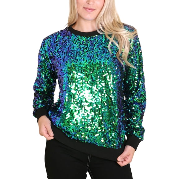 Women's Sequin Long Sleeve Sparkly Pullover Sweatshirt- Small ,Mermaid