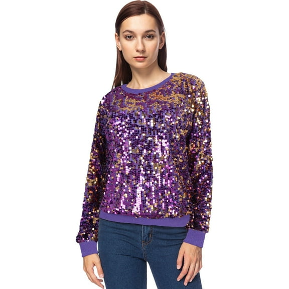 Women's Sequin Long Sleeve Sparkly Pullover Sweatshirt- X Large, Purple and Gold