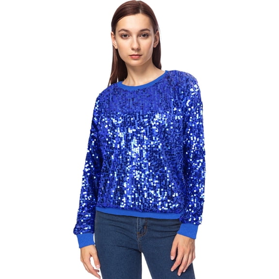 Women's Sequin Long Sleeve Sparkly Pullover Sweatshirt- X Large, Royal Blue
