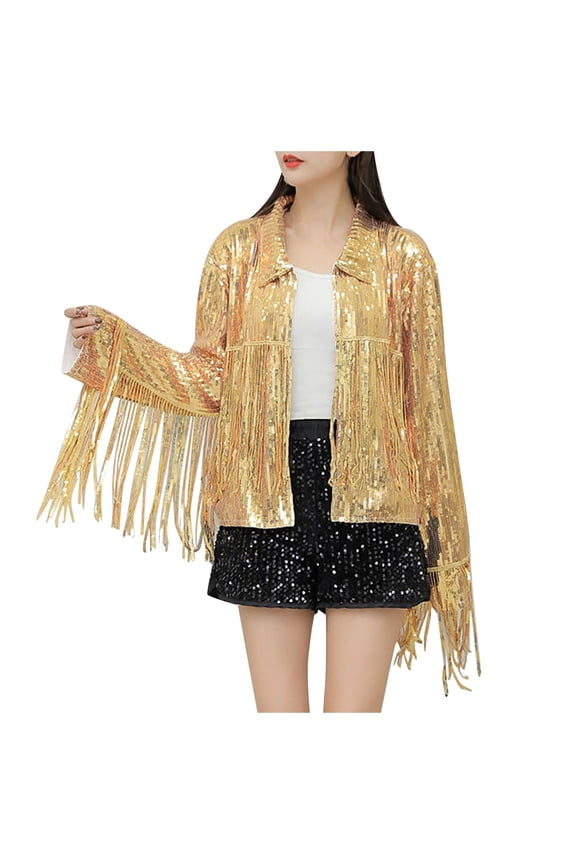 Women's Sequin Long Sleeve Tassel Lapel Zipper Loose Jacket Womens plus Size Women Jackets And Coats Womens Leather And Wool Coat Women's Coats plus Size plus Size Womens Tops Women Coat Womens plus