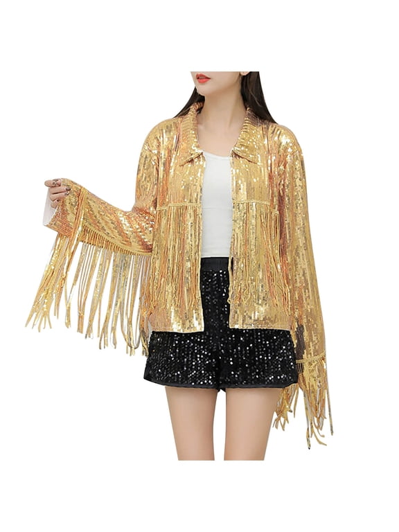 Women's Sequin Long Sleeve Tassel Lapel Zipper Loose Jacket Womens plus Size Women Jackets And Coats Womens Leather And Wool Coat Women's Coats plus Size plus Size Womens Tops Women Coat Womens plus
