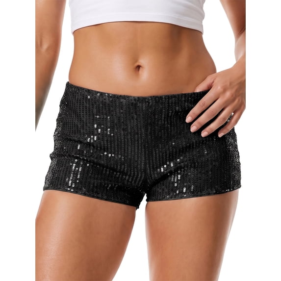 Women's Sequin Micro Shorts Glitter Sparkly Low Rise Elastic Band Hot Pants for Party Clubwear