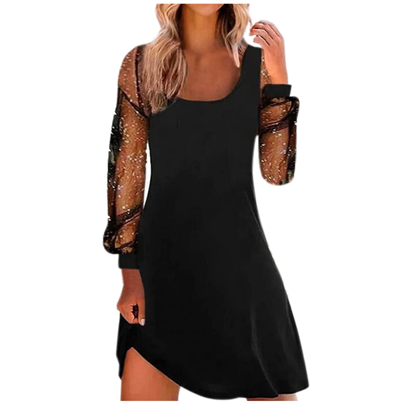 Women's Sequin Mini Dresses 2024 Mesh Long Sleeve Square Neck Sparkle A ...