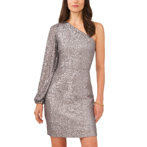 Women's Sequin One Sleeve Mini Dress Silver Dust XXL