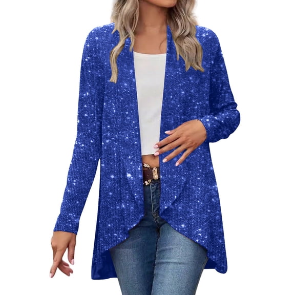 Women's Sequin Open Front Blazer, Long Sleeve Sparkly Loose Draped Party Cardigan,Blue,3X-Large