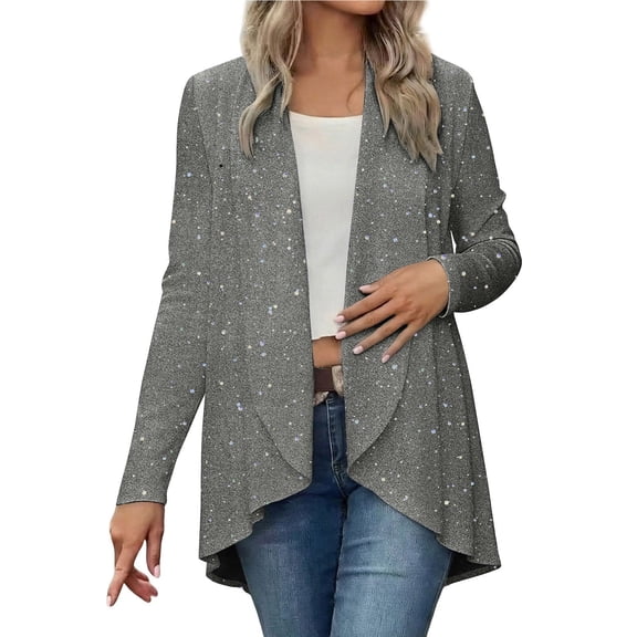 Women's Sequin Open Front Blazer, Long Sleeve Sparkly Loose Draped Party Cardigan,Gray,Large