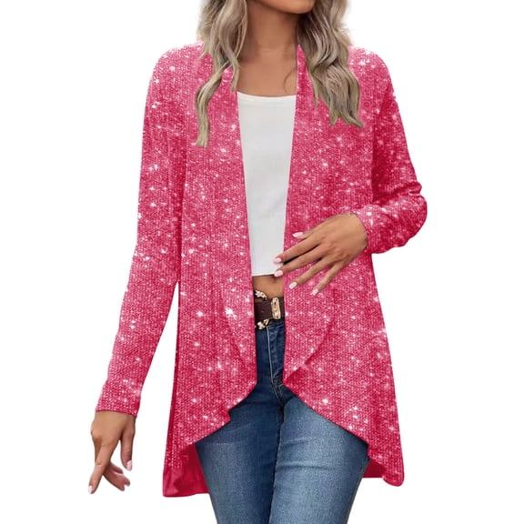 Women's Sequin Open Front Blazer, Long Sleeve Sparkly Loose Draped Party Cardigan,Hot Pink,XX-Large