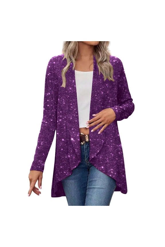 Women's Sequin Open Front Blazer, Long Sleeve Sparkly Loose Draped Party Cardigan,Purple,Small